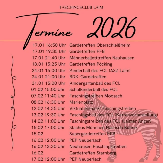 Unsere Auftritte für die Session 2026 🥳 
Kommt gerne vorbei und seid dabei! 👯🏻‍♀️🕺💃🏽

#faschingsclublaim #Fasching #prinzenpaar #garde #männerballett