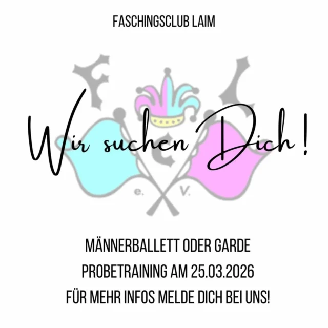 We want you! 🤗

Für die neue Session suchen wir motivierte Leute fürs Männerballett und die Garde. 
Wir freuen uns auf Euch!

Für mehr Informationen, schreibt uns gerne eine Nachricht.